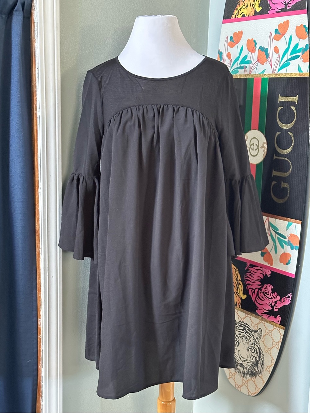 French Connection Babydoll Scoop Neck Bell-Sleeve Tunic Dress Dark Academia Goth